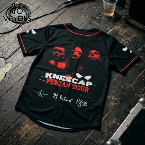 Kneecap Fenian Tour Signature Baseball Jersey in black with red trim, featuring band portraits and white artist signatures.