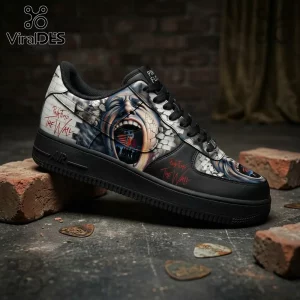 Pink Floyd The Wall Air Force 1 Sneakers featuring screaming face graphic, brick wall patterns, and black leather accents.