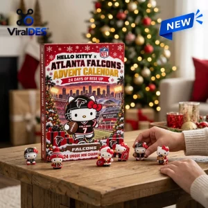 Front view of Hello Kitty x Atlanta Falcons Advent Calendar box on a table with several small character figurines.