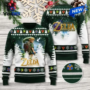 Front and back view of a green Christmas sweater featuring a fantasy character, sword, and gem patterns.