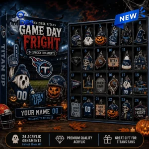 Open view of a Tennessee Titans Halloween 2026 Advent Calendar showing twenty-four numbered football-themed ornaments.