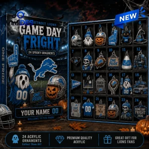 Front view of Detroit Lions Game Day Fright Halloween Advent Calendar with 24 spooky ornaments.