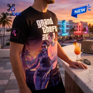 Front view of the Grand Theft Auto VI Gradient Black T-Shirt worn by a man against a sunset backdrop.