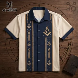Freemason Compass Square Pattern Hawaiian Shirt with navy blue panels, gold Masonic symbols, and cream-colored side sleeves.