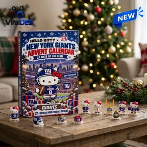 Front view of a New York Giants advent calendar with Hello Kitty graphic next to miniature character charms on a table.
