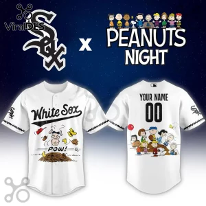 Chicago White Sox x Snoopy Peanuts Night Baseball Jersey featuring team logo, Peanuts characters, and custom name space.
