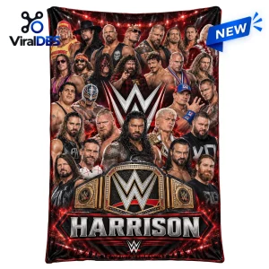 Front view of a WWE Superstars collage fleece blanket featuring multiple professional wrestlers and a championship belt.