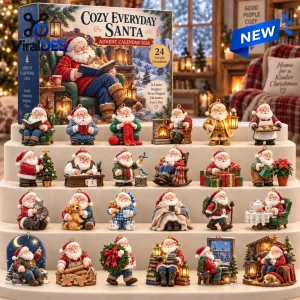 Front view of the Cozy Santa 2026 Christmas Advent Calendar packaging and twenty four miniature figurines.