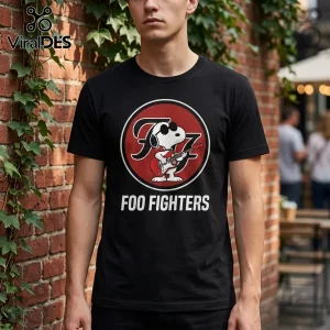 Foo Fighters x Snoopy One By One Shirt featuring Snoopy with sunglasses playing a red guitar inside a circular emblem.
