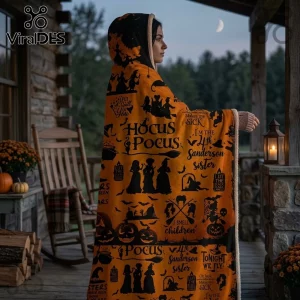 Hocus Pocus Sanderson Sisters hooded blanket in orange with black Halloween icons and movie quotes, featuring a fleece trim.