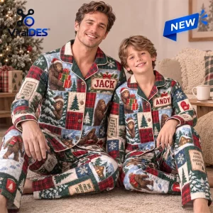 Personalized Bigfoot Christmas Quilted Pajama Set featuring Sasquatch illustrations, plaid patches, and custom names.