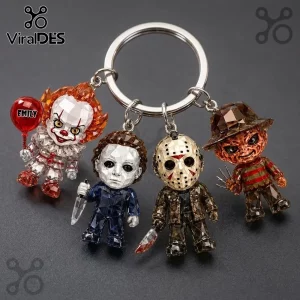 Personalized Horror Movie Characters Crystal Figurine Keychain featuring Pennywise, Michael Myers, Jason, and Freddy Krueger.