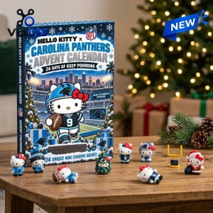 Front view of a Carolina Panthers advent calendar with Hello Kitty figures and mini accessories on a wooden table.
