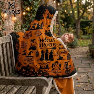 Hocus Pocus Sanderson Sisters hooded blanket in orange and black with witch silhouettes and movie quote graphics.
