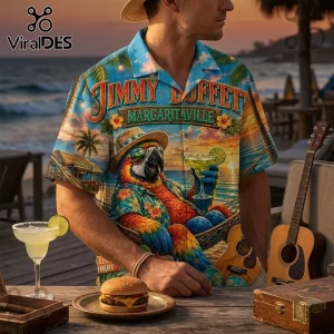 Jimmy Buffett Margaritaville Tropical Summer Hawaiian Shirt featuring a parrot in a hammock with a margarita and guitar.