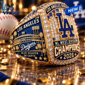Closeup view of the Los Angeles Dodgers 2026 NL West Division Champions Ring with blue and gold details.