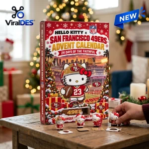 Front view of Hello Kitty x San Francisco 49ers Advent Calendar with four small figurines on a wooden table.