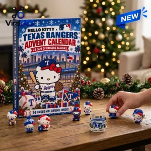 Front view of Hello Kitty x Texas Rangers 2026 Advent Calendar box with miniature figurines on a wooden table.