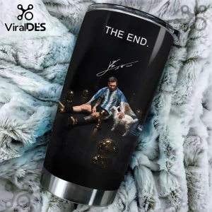 Lionel Messi World Cup Champion Stainless Steel Tumbler featuring Messi, a goat, golden balls, and the text The End.