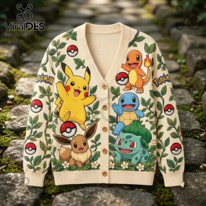 Pokemon Character Garden Pattern Cardigan featuring Pikachu, Eevee, Charmander, Squirtle, and Bulbasaur on cream knit.