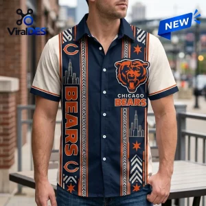 Front view of a button down Hawaiian shirt featuring a Chicago skyline and orange bear logo against a navy and cream design.