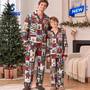 Personalized Bigfoot Christmas Quilted Pajama Set featuring plaid patterns, forest trees, and Bigfoot illustrations.