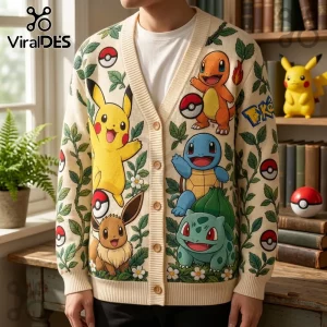Pokemon Character Garden Pattern Cardigan featuring Pikachu, Squirtle, Charmander, and Bulbasaur on a cream knit fabric.