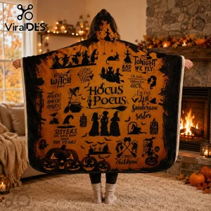 Hocus Pocus Sanderson Sisters orange hooded blanket with black witch silhouettes, movie quotes, and pumpkin graphics.