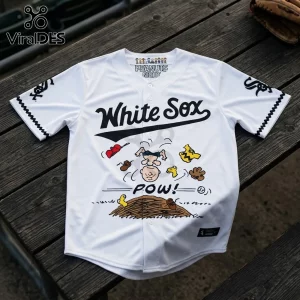 Chicago White Sox x Snoopy Peanuts Night Baseball Jersey featuring Charlie Brown and Woodstock on a white button-up shirt.
