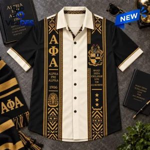 Front view of a black and cream Alpha Phi Alpha Fraternity Premium Hawaiian Shirt with gold Greek lettering and crests.