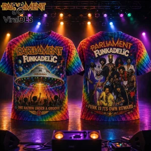 Parliament Funkadelic One Nation Under A Groove shirt featuring tie-dye colors, a spaceship graphic, and band portraits.