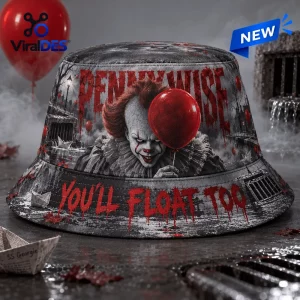 Front view of Pennywise You'll Float Too Horror Bucket Hat featuring a clown graphic and red balloon.
