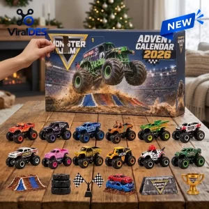 Front view of Monster Jam Advent Calendar 2026 box with toy trucks displayed on a table.