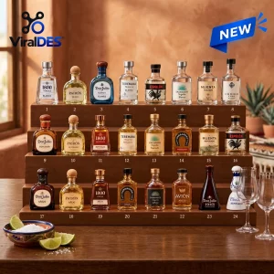 Front view of a Tequila Advent Calendar 2026 featuring twenty-four numbered miniature bottles on a wooden stand.