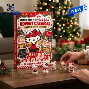 Front view of Hello Kitty x Chick-fil-A Advent Calendar 2026 with five miniature character figurines on a wooden table.