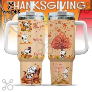 Snoopy Thanksgiving Fall Leaves 40oz Tumbler with handle, featuring autumn foliage, pumpkins, and Peanuts character prints.