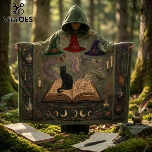 Witchcraft Cat and Spellbook Hooded Blanket featuring a black cat on an open book, witch hats, and potions in a green forest.