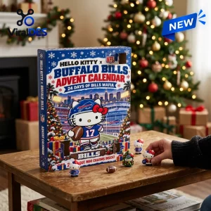 Front view of Hello Kitty x Buffalo Bills advent calendar box on a wooden table with small figurines.