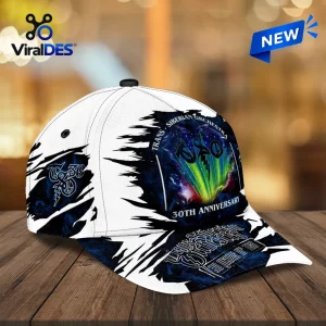 Trans-Siberian Orchestra 30th Anniversary Cap featuring a white base with dark blue galaxy-style abstract graphic patterns.