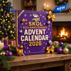 Front view of the Minnesota Vikings 2026 Advent Calendar in purple with gold text and ornaments on a wooden table.