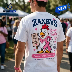 Zaxby's Breast Cancer Awareness Pink Ribbon White Shirt featuring a cartoon chicken holding a sign and ribbon.