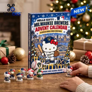 Front view of Hello Kitty x Milwaukee Brewers 2026 Advent Calendar box with baseball figurines on a wooden table.