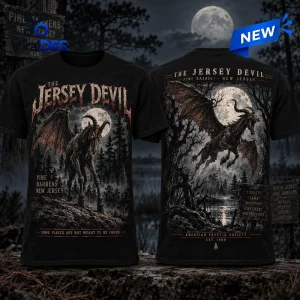 Front and back view of a Jersey Devil Pine Barrens cryptid black shirt featuring a winged creature against a full moon.