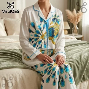 Elvis Presley Peacock Satin Pajama Set featuring white fabric with blue and gold peacock feather patterns on a person.