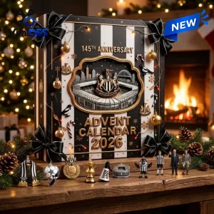 Front view of the Newcastle United 145th Anniversary 2026 Advent Calendar in front of a fireplace.