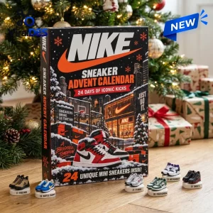 Front view of Nike Advent Calendar 2026 packaging with miniature sneaker figurines displayed on a wooden surface.