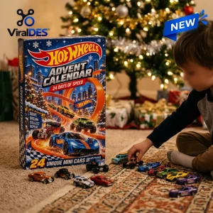 Front view of a Hot Wheels Advent Calendar 2026 box next to a child playing with miniature toy cars on a rug.