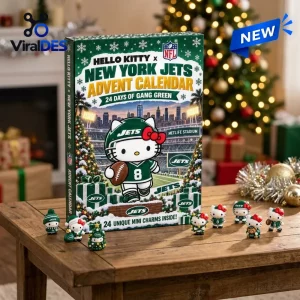 Front view of Hello Kitty x New York Jets Advent Calendar with seven mini figures on a wooden table.