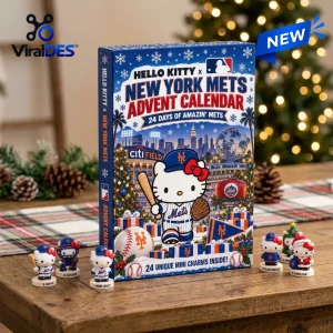 Front view of Hello Kitty x New York Mets Advent Calendar 2026 box with mini figurines.