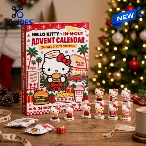 Front view of a red advent calendar box with character figures, burger, and fries graphics on a wooden table.